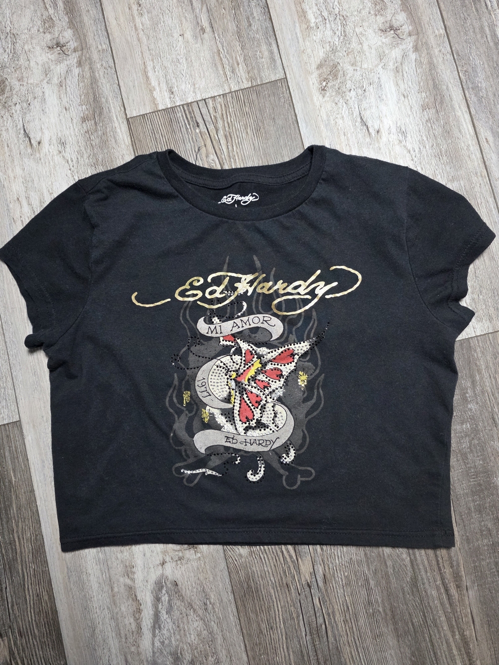 Ed Hardy Mi Amor Rhinestone Butterfly Cropped Baby Tee Sz Lg